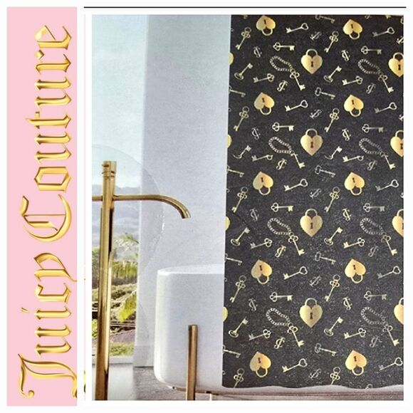 Juicy Couture Home JC Logo Heart Lock & Key Fabric Shower Curtsin w/Hooks - Picture 1 of 4